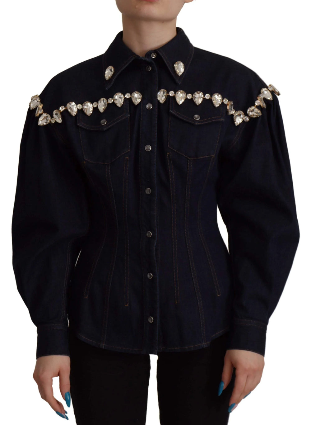 Dolce & Gabbana Blue Denim Crystal Embellish Cotton Jacket - Trucker Jackets
