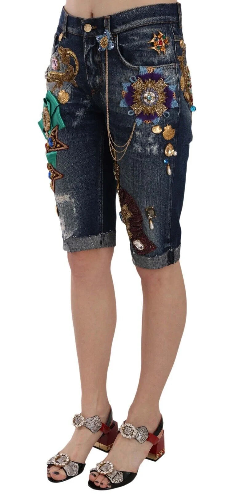 Dolce & Gabbana Blue Denim Mid Waist Crystal Capri Shorts - Denim Shorts