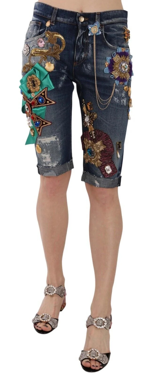 Dolce & Gabbana Blue Denim Mid Waist Crystal Capri Shorts - Denim Shorts