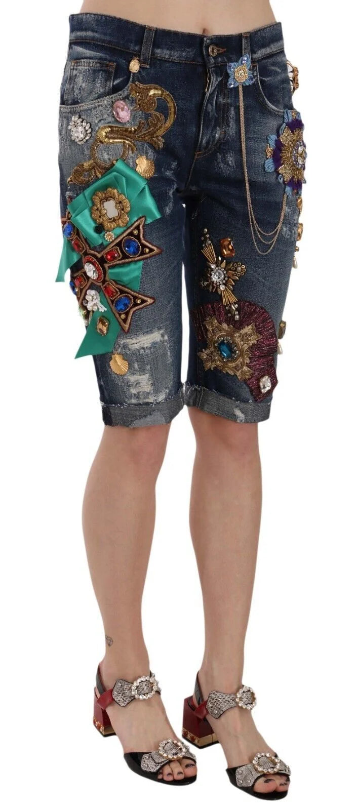 Dolce & Gabbana Blue Denim Mid Waist Crystal Capri Shorts - Denim Shorts