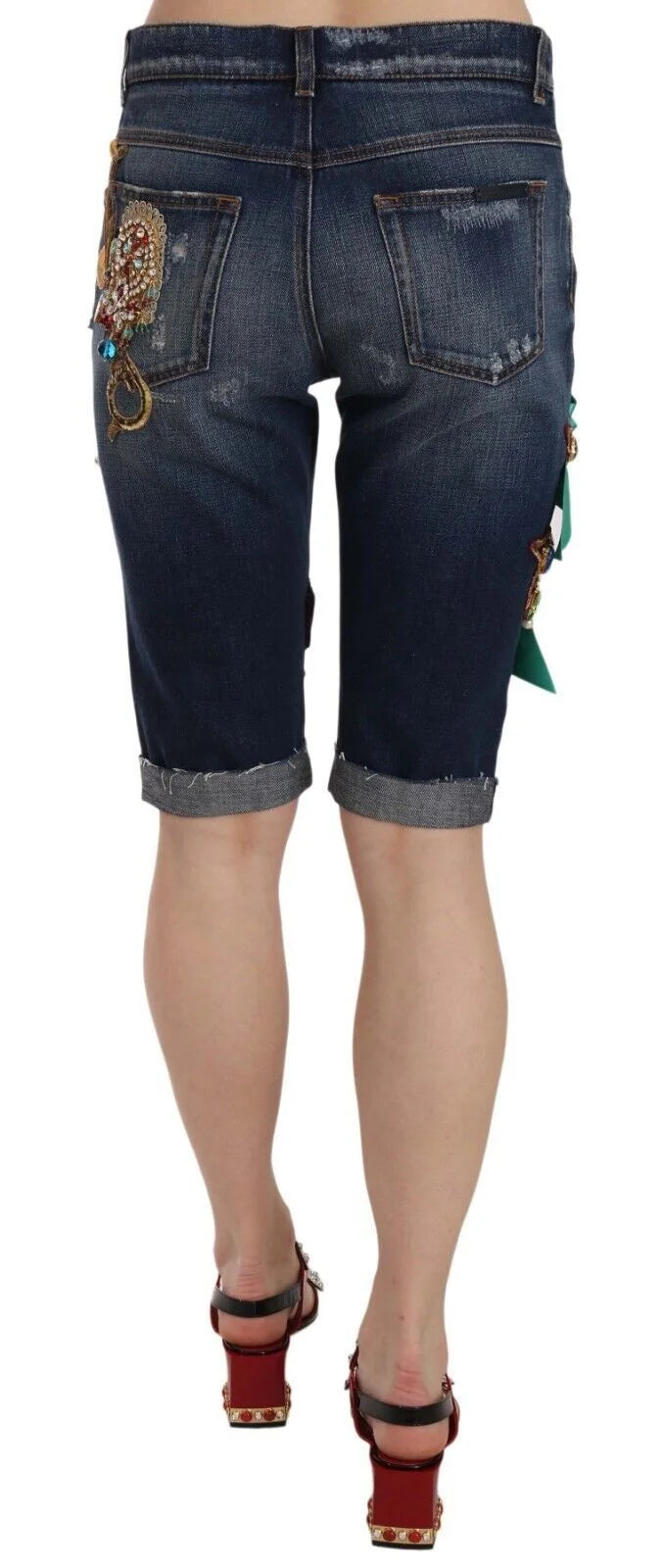 Dolce & Gabbana Blue Denim Mid Waist Crystal Capri Shorts - Denim Shorts
