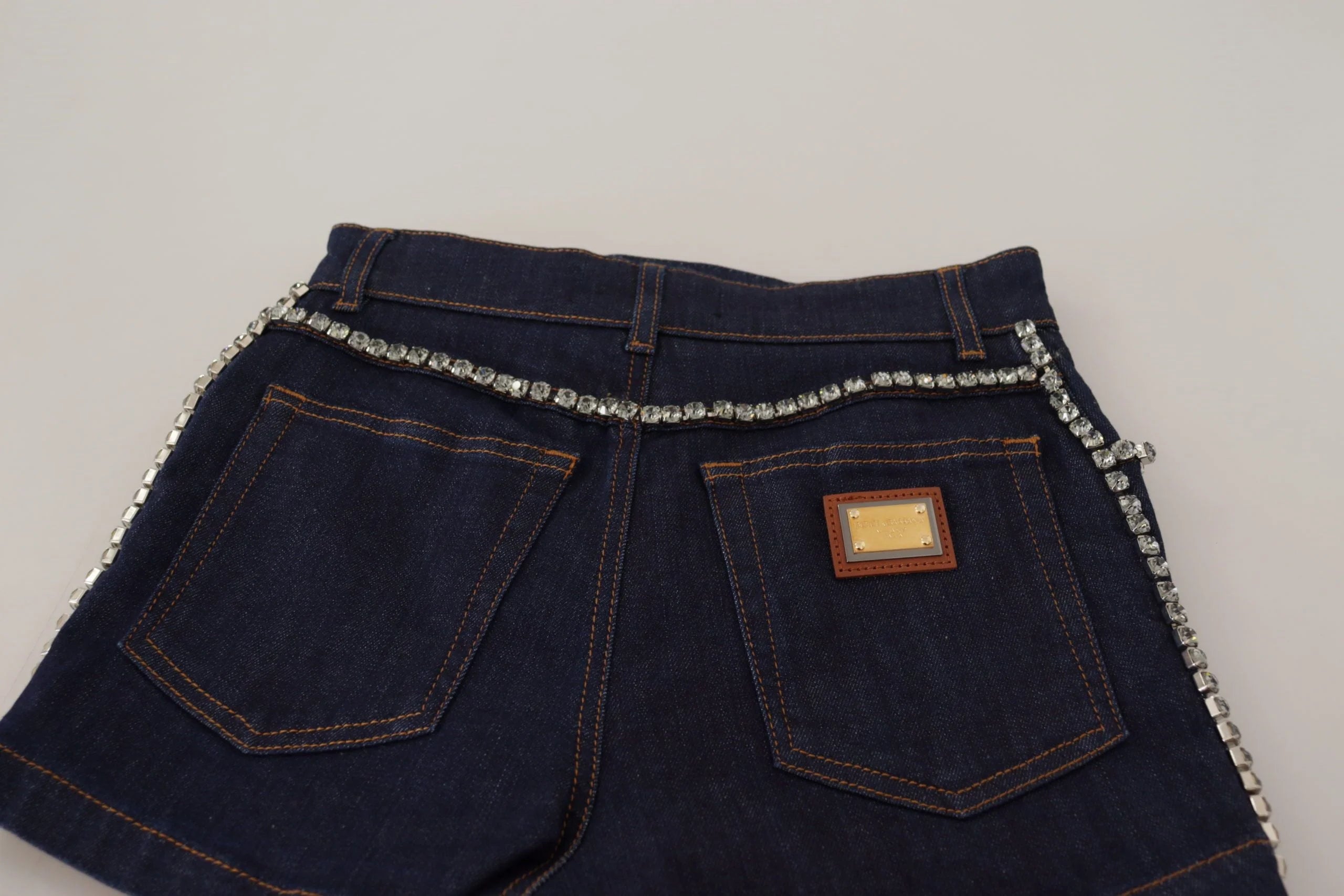 Dolce & Gabbana Blue Denim Stretch Crystal Hot Pants Shorts - Short Trousers