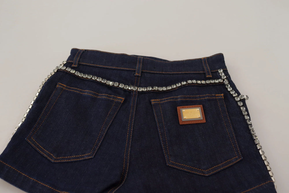 Dolce & Gabbana Blue Denim Stretch Crystal Hot Pants Shorts - Short Trousers