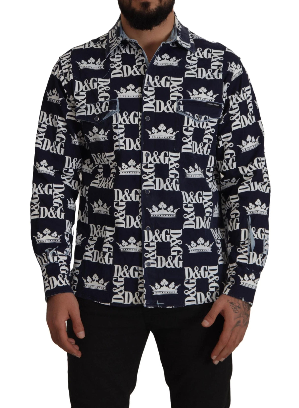 Dolce & Gabbana Blue Denim Stretch DG Crown Logo Casual Shirt - Shirts