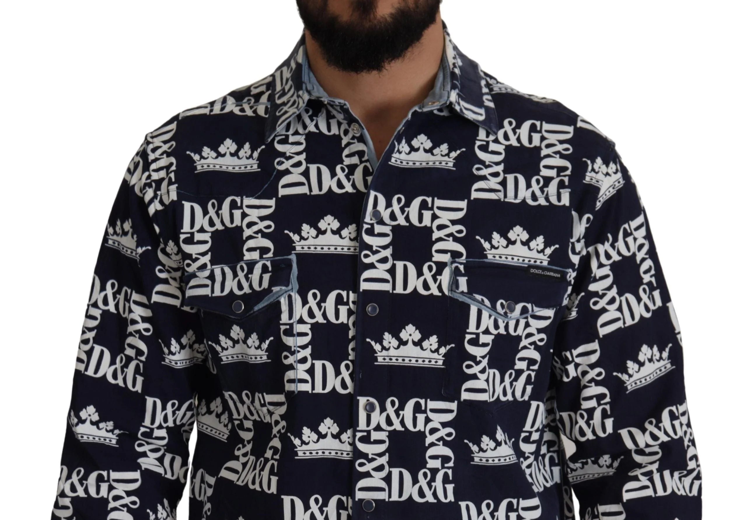 Dolce & Gabbana Blue Denim Stretch DG Crown Logo Casual Shirt - Shirts