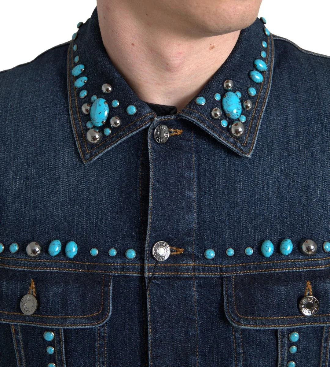 Dolce & Gabbana Blue Denim Turquoise Stones Studded Jacket - Trucker Jackets