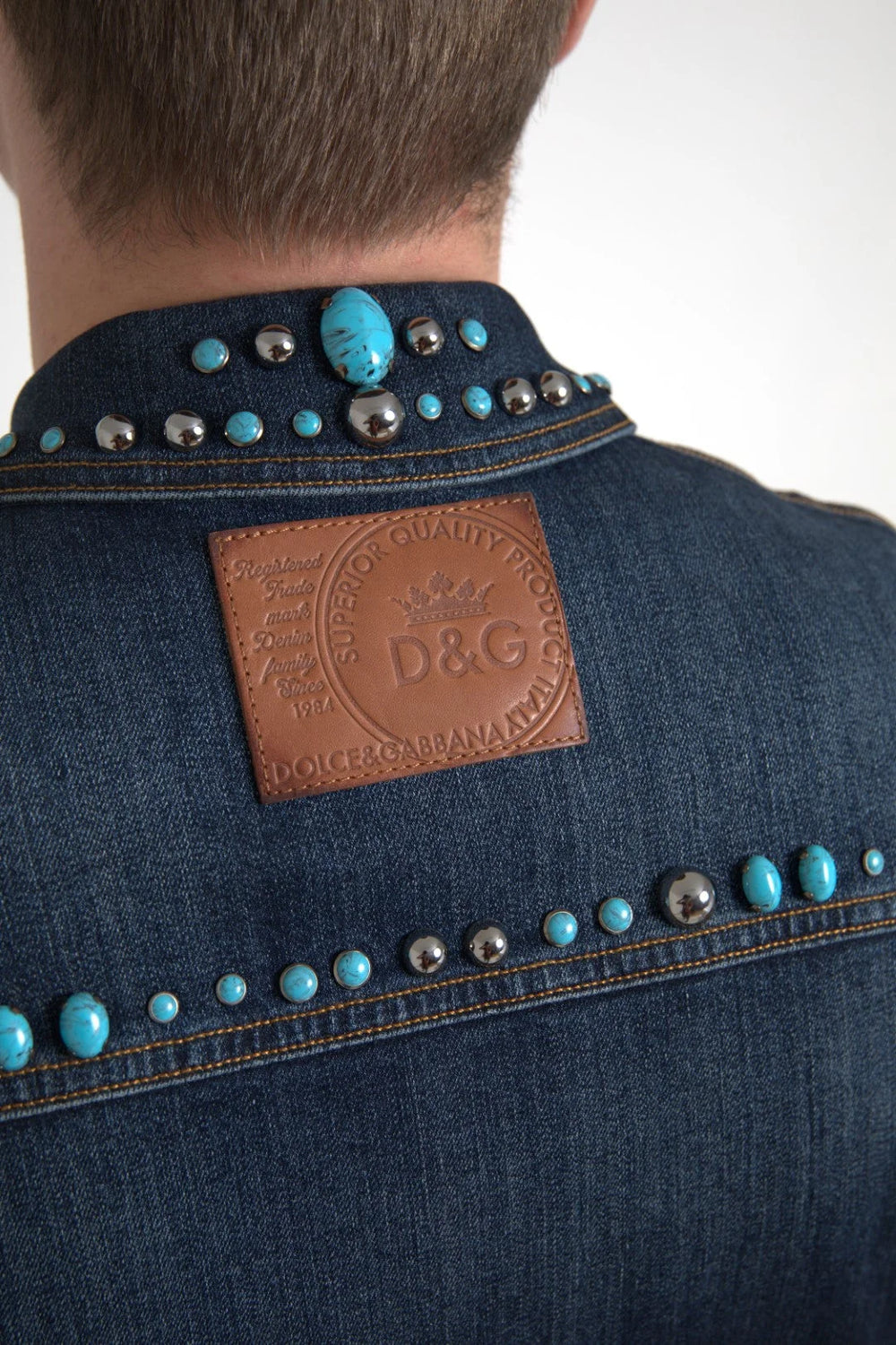 Dolce & Gabbana Blue Denim Turquoise Stones Studded Jacket - Trucker Jackets