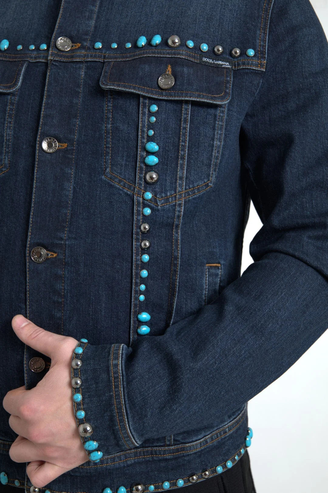 Dolce & Gabbana Blue Denim Turquoise Stones Studded Jacket - Trucker Jackets