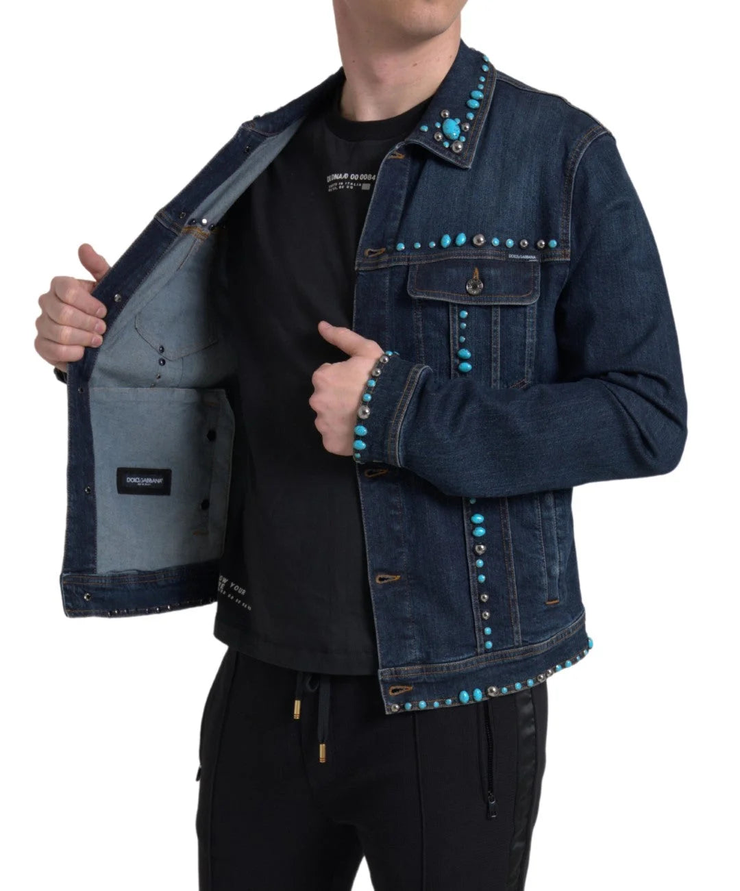 Dolce & Gabbana Blue Denim Turquoise Stones Studded Jacket - Trucker Jackets