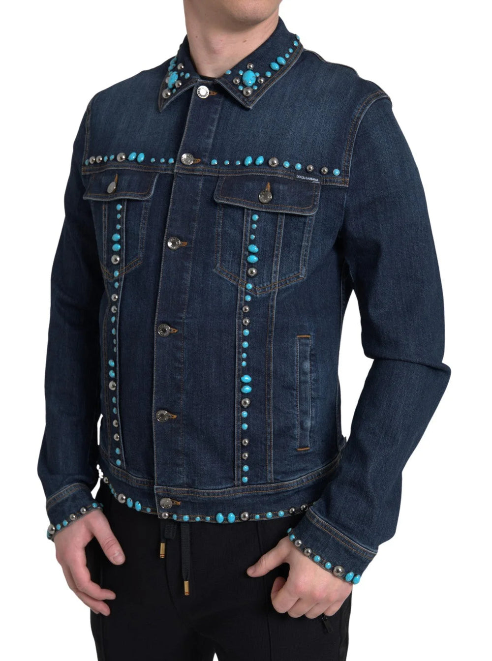 Dolce & Gabbana Blue Denim Turquoise Stones Studded Jacket - Trucker Jackets