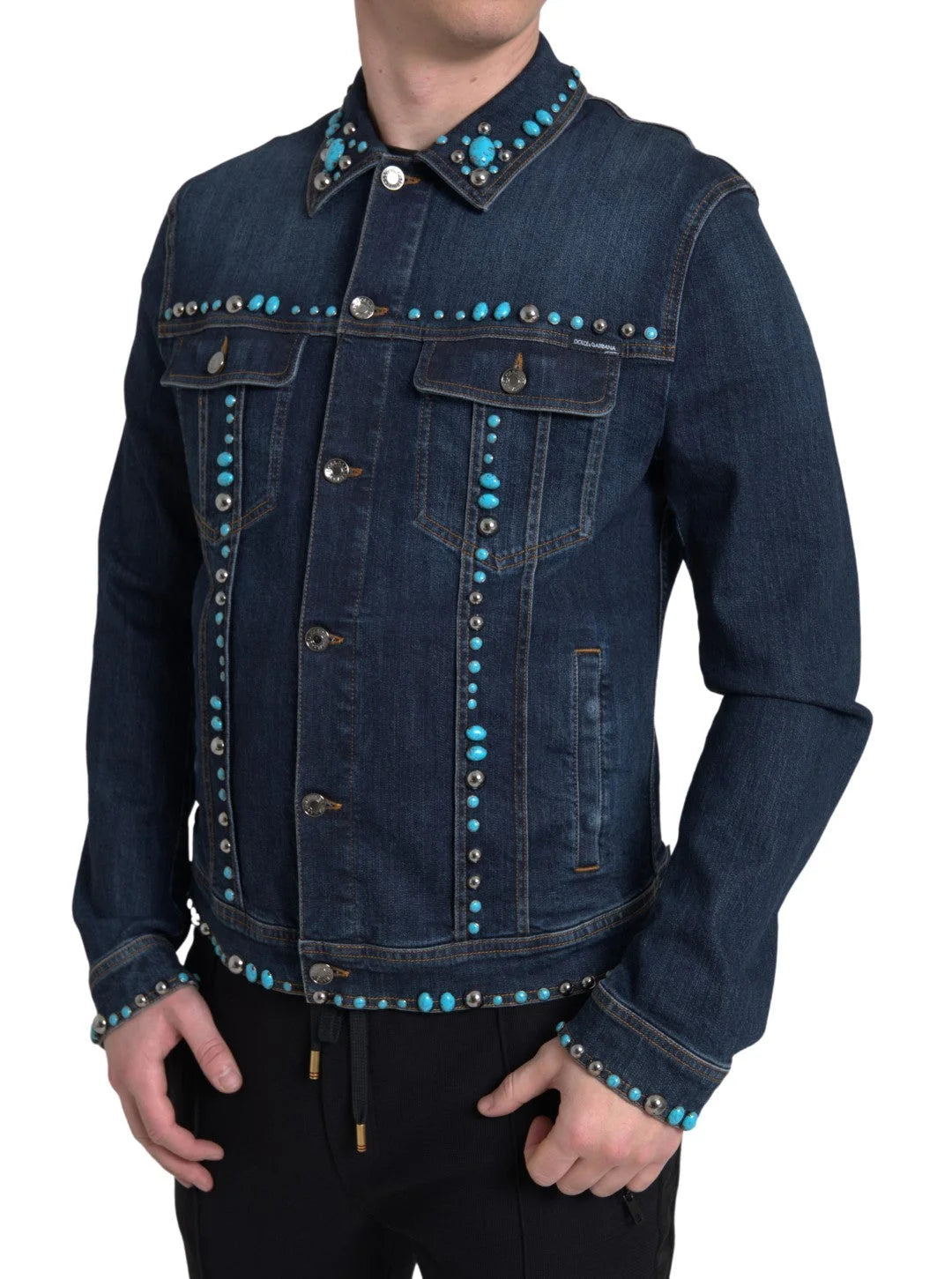 Dolce & Gabbana Blue Denim Turquoise Stones Studded Jacket - Trucker Jackets