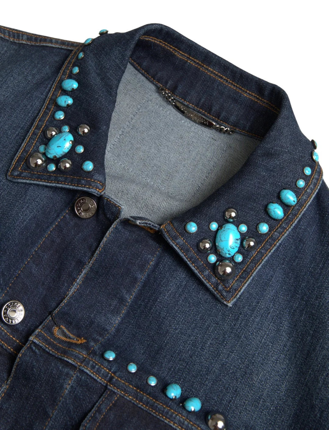 Dolce & Gabbana Blue Denim Turquoise Stones Studded Jacket - Trucker Jackets