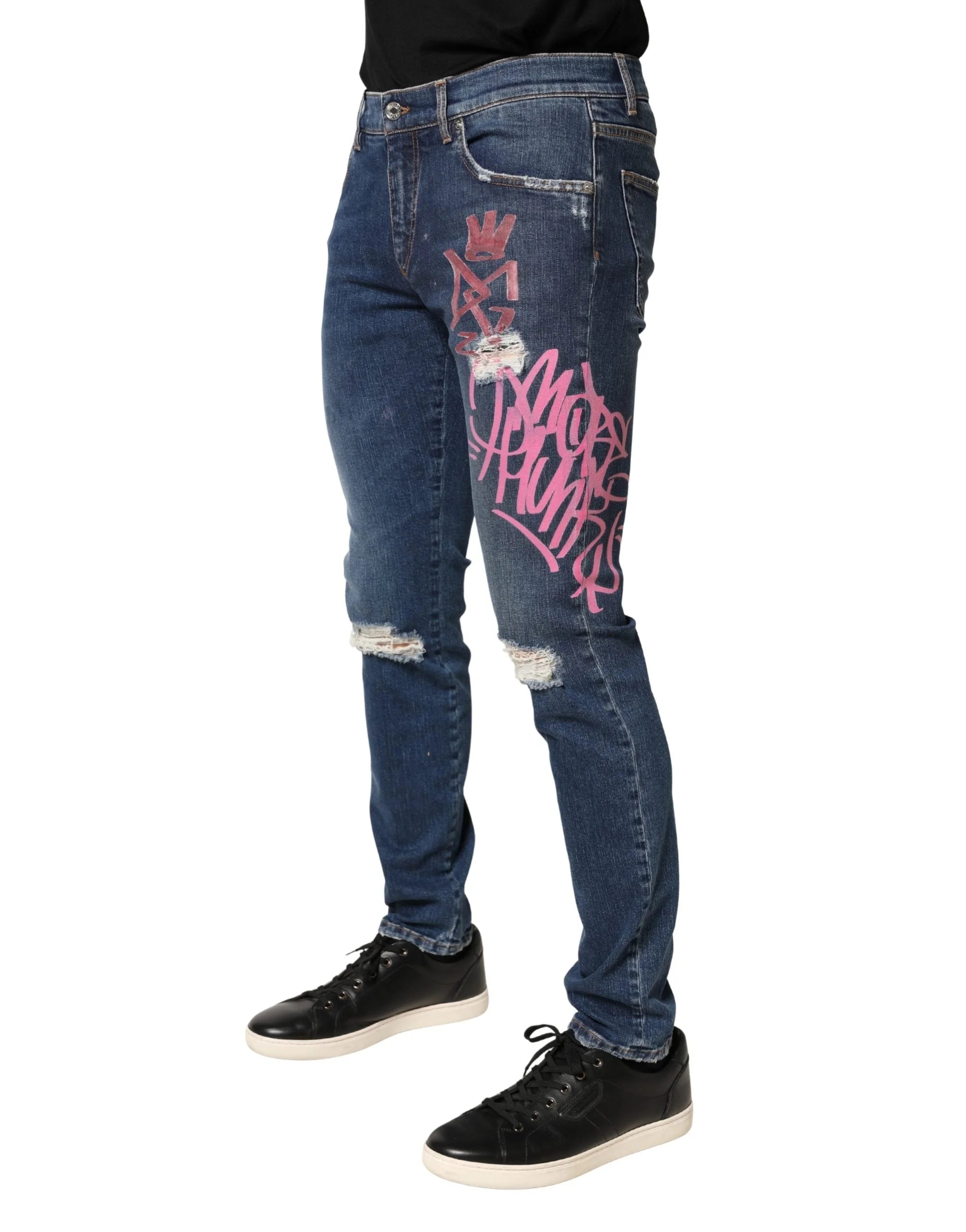 Dolce & Gabbana Blue Distressed Graffiti Print Skinny Jeans - IT48 | M