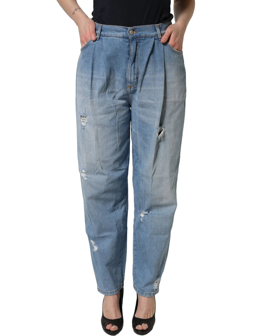 Dolce & Gabbana Blue Distressed Pleated Cotton Denim Jeans - IT44 | L