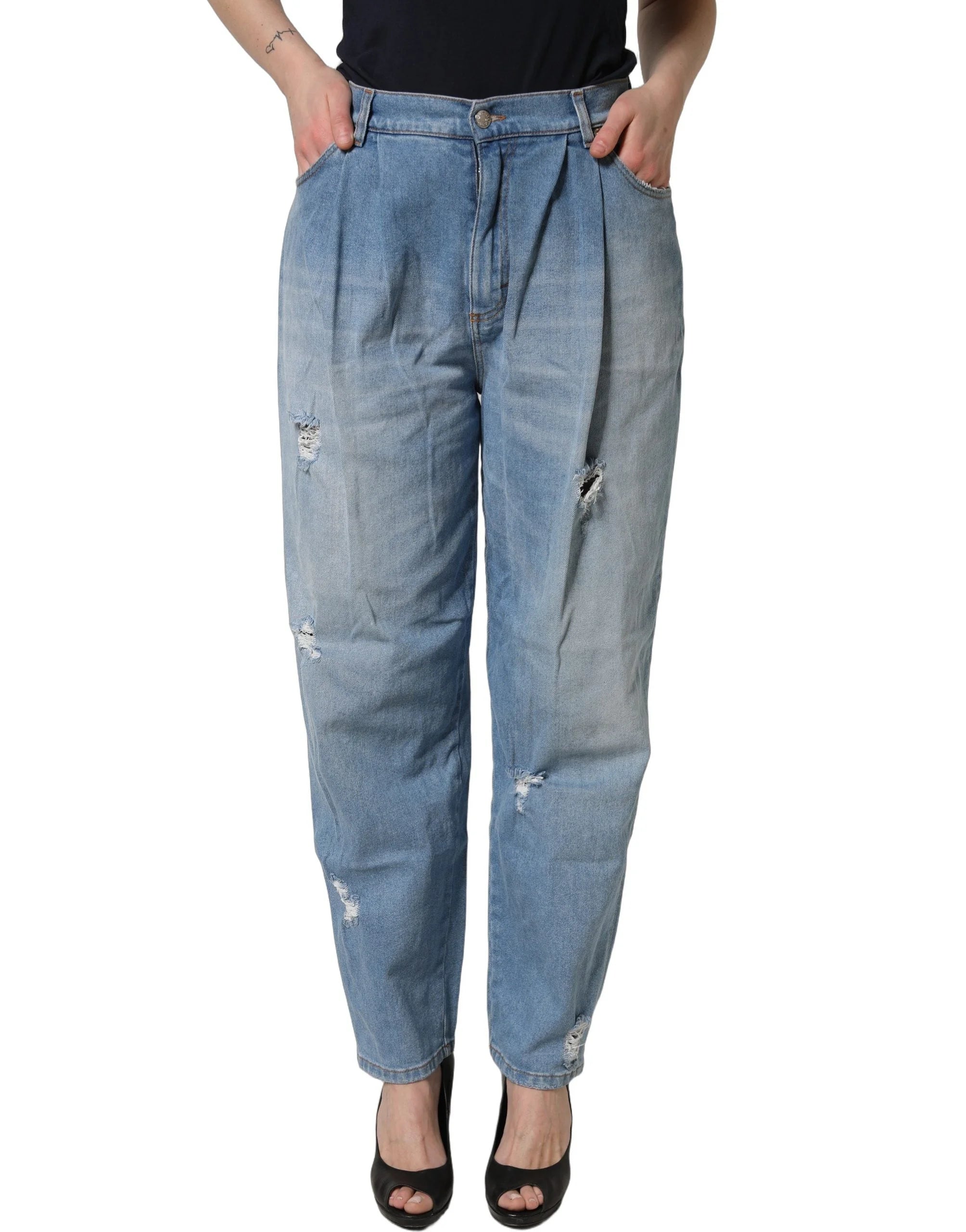 Dolce & Gabbana Blue Distressed Pleated Cotton Denim Jeans - IT44 | L