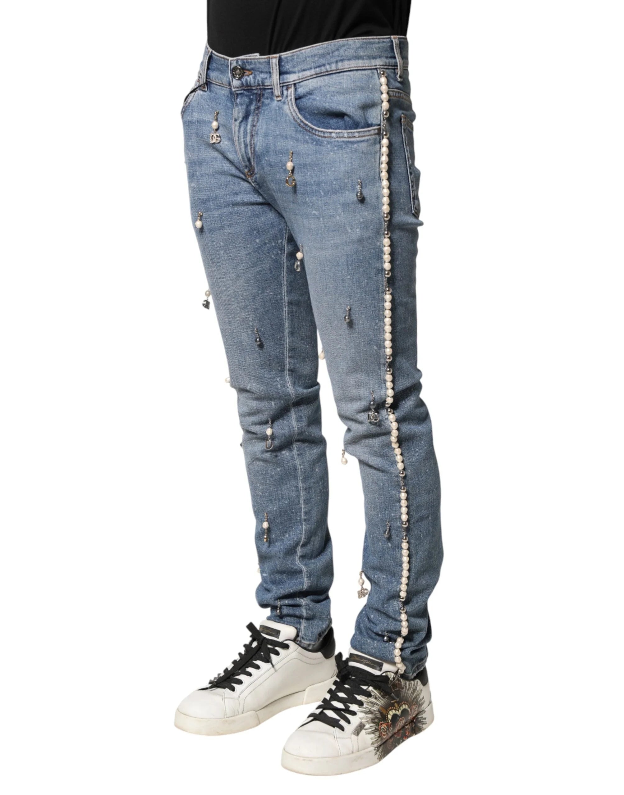 Dolce & Gabbana Blue Embellished Cotton Skinny Denim Jeans - IT46 | S