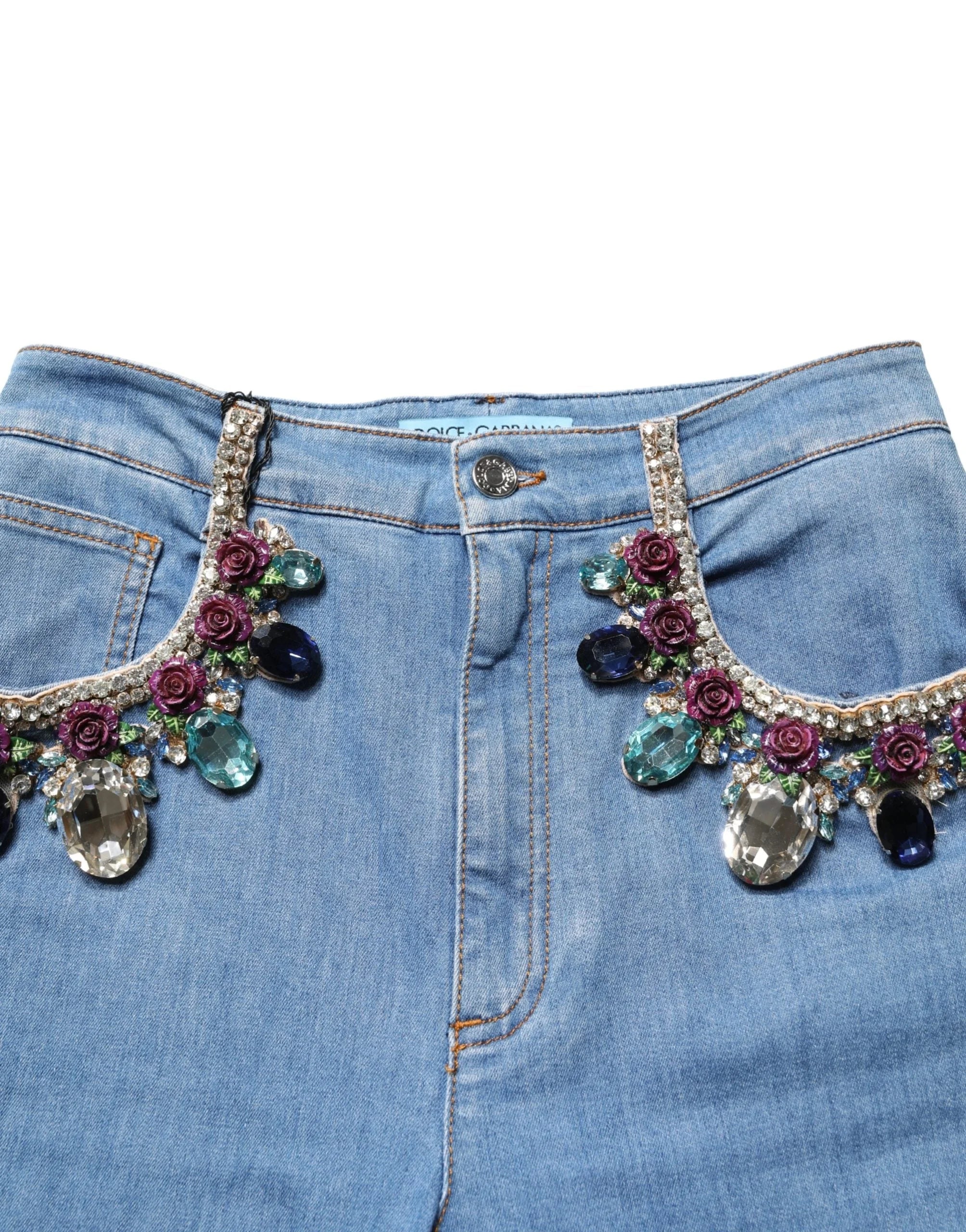 Dolce & Gabbana Kék Díszített Denim Széles Szárú Crop Nadrág - IT36|XXS