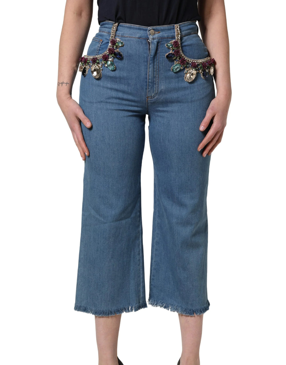 Dolce & Gabbana Kék Díszített Denim Széles Szárú Crop Nadrág - IT36|XXS