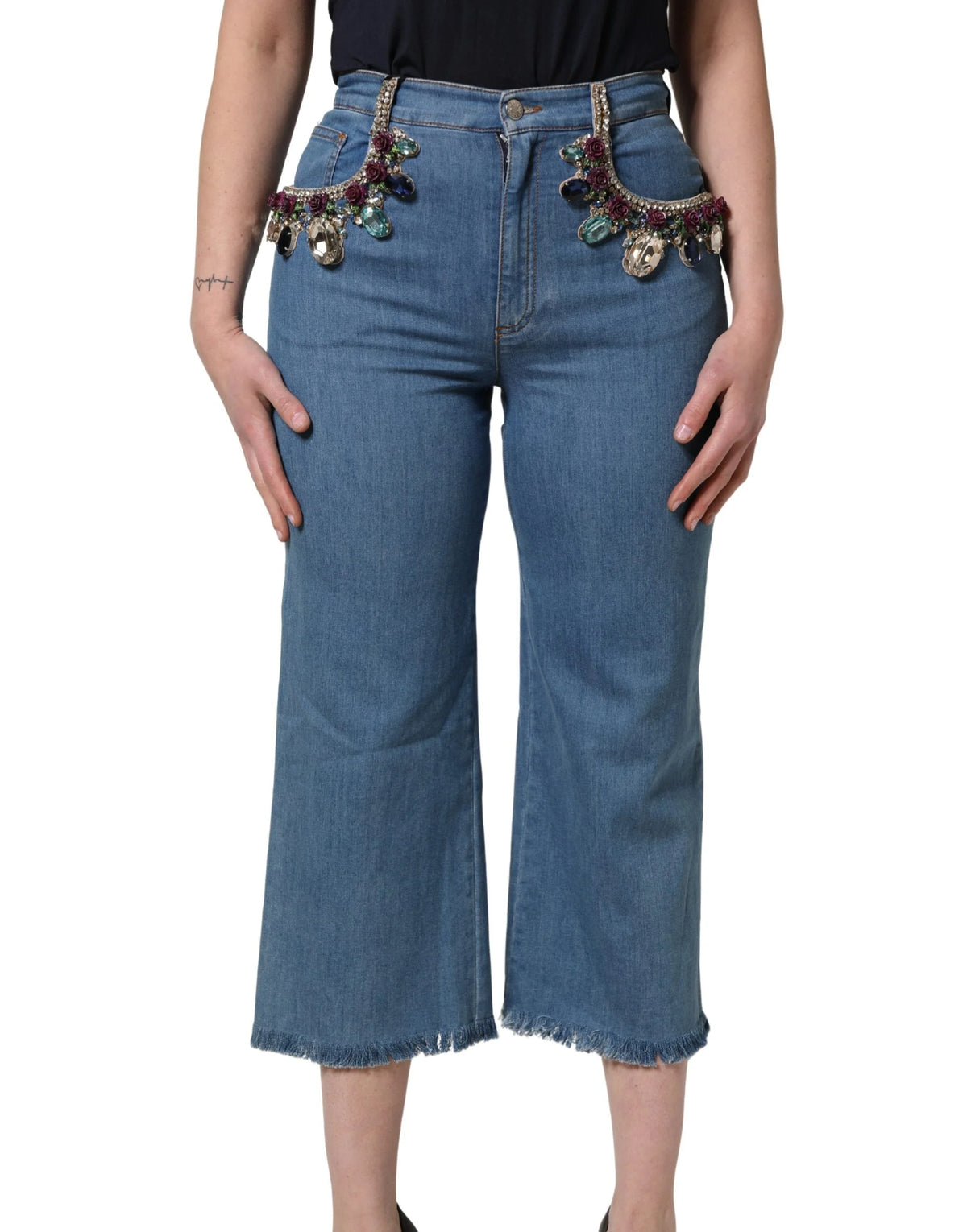 Dolce & Gabbana Kék Díszített Denim Széles Szárú Crop Nadrág - IT36|XXS
