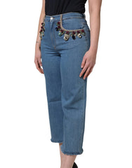 Dolce & Gabbana Kék Díszített Denim Széles Szárú Crop Nadrág - IT36|XXS