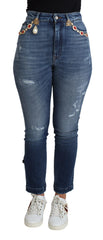 Dolce & Gabbana Blue Embellished Skinny Trouser Cotton Jeans - IT36 | XS - Jeans