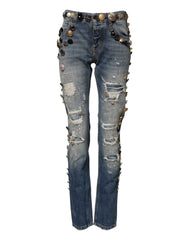 Dolce & Gabbana Blue Embellished Tattered SkinnyDenim Jeans - IT38 | XS