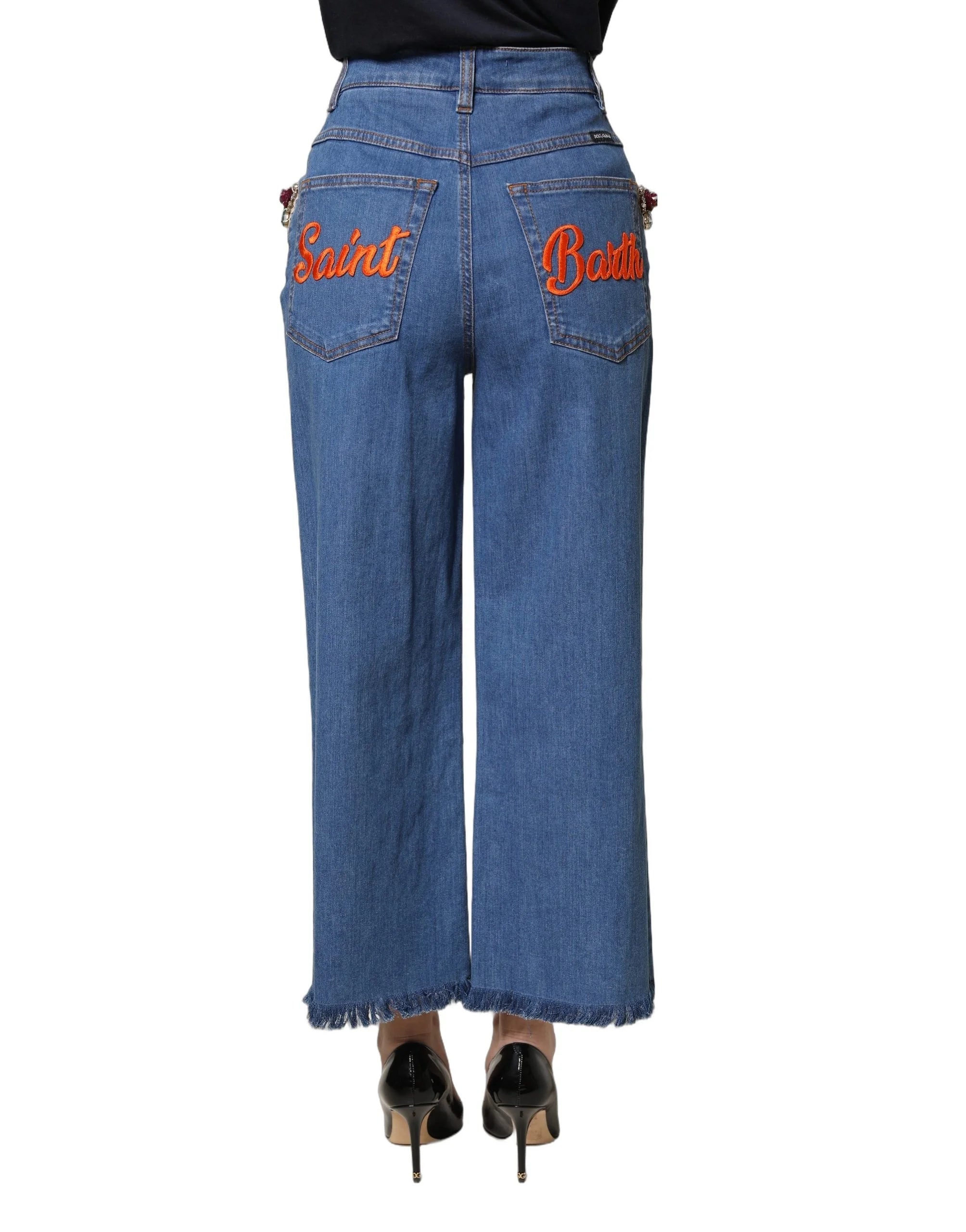 Dolce & Gabbana Blue Embellished Wide Cropped Denim Jeans - IT36|XXS
