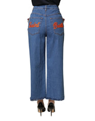 Dolce & Gabbana Blue Embellished Wide Cropped Denim Jeans - IT36|XXS