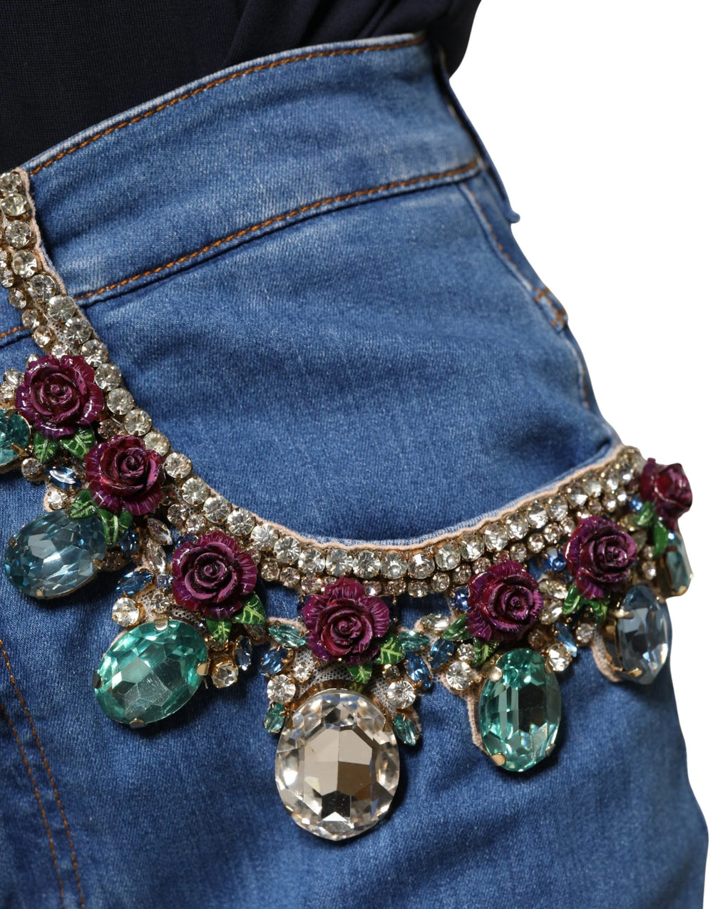 Dolce & Gabbana Blue Embellished Wide Cropped Denim Jeans - IT36|XXS
