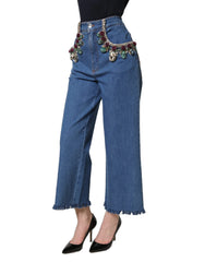 Dolce & Gabbana Blue Embellished Wide Cropped Denim Jeans - IT36|XXS