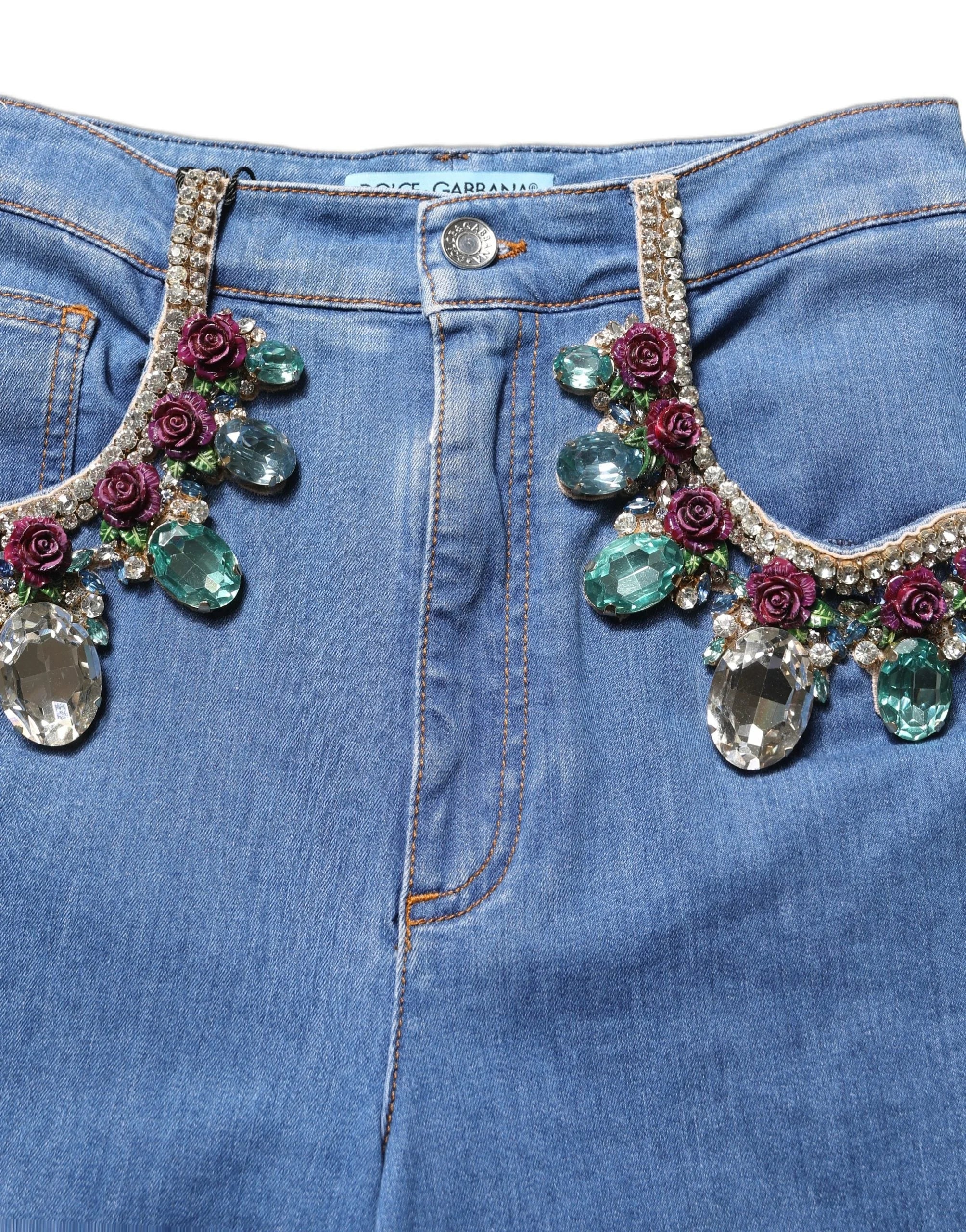 Dolce & Gabbana Blue Embellished Wide Cropped Denim Jeans - IT36|XXS