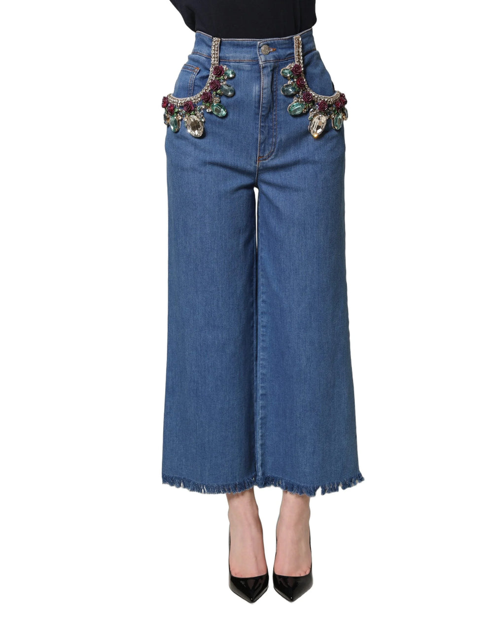Dolce & Gabbana Blue Embellished Wide Cropped Denim Jeans - IT36|XXS