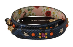 Dolce & Gabbana sininen python-nahkainen käännettävä olkahihna kristallikoristein ja kullansävyisin metalliosin.