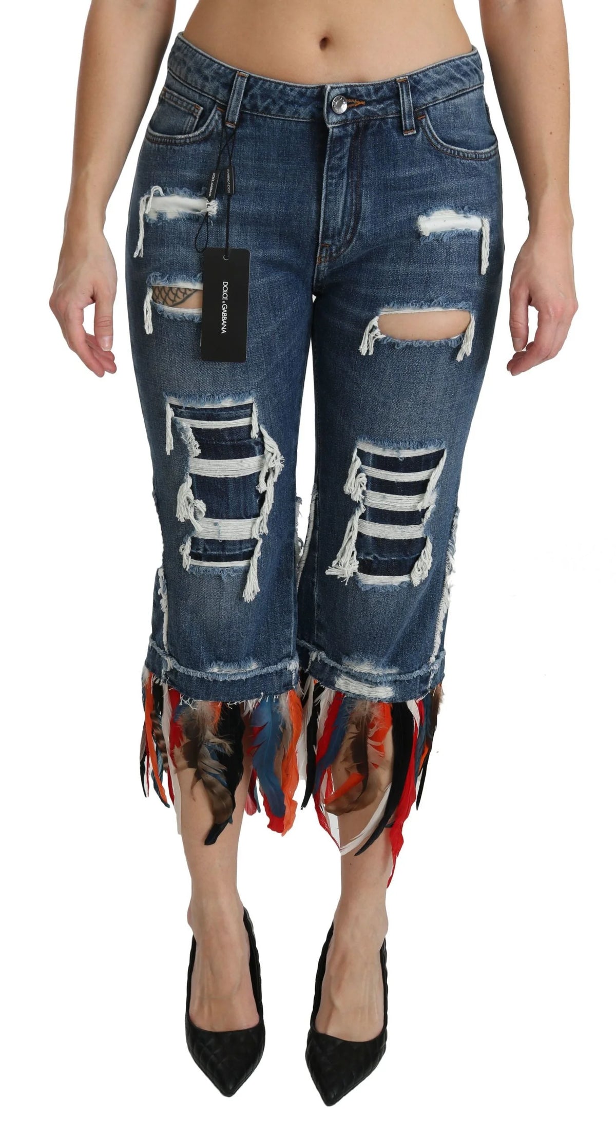 Dolce & Gabbana Blue Feathers Low Waist Cropped Cotton Jeans - Jeans