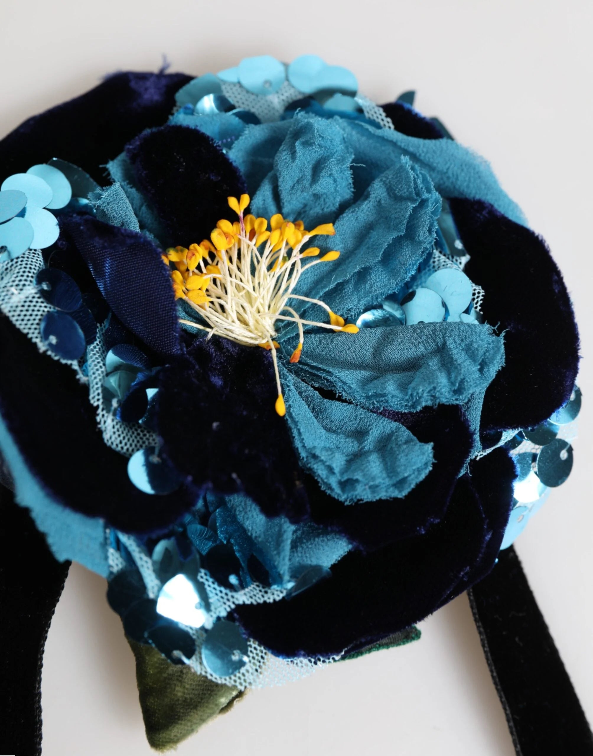 Dolce & Gabbana Blue Floral Appliqué Velvet Choker Crystal Beads Necklace - Necklaces