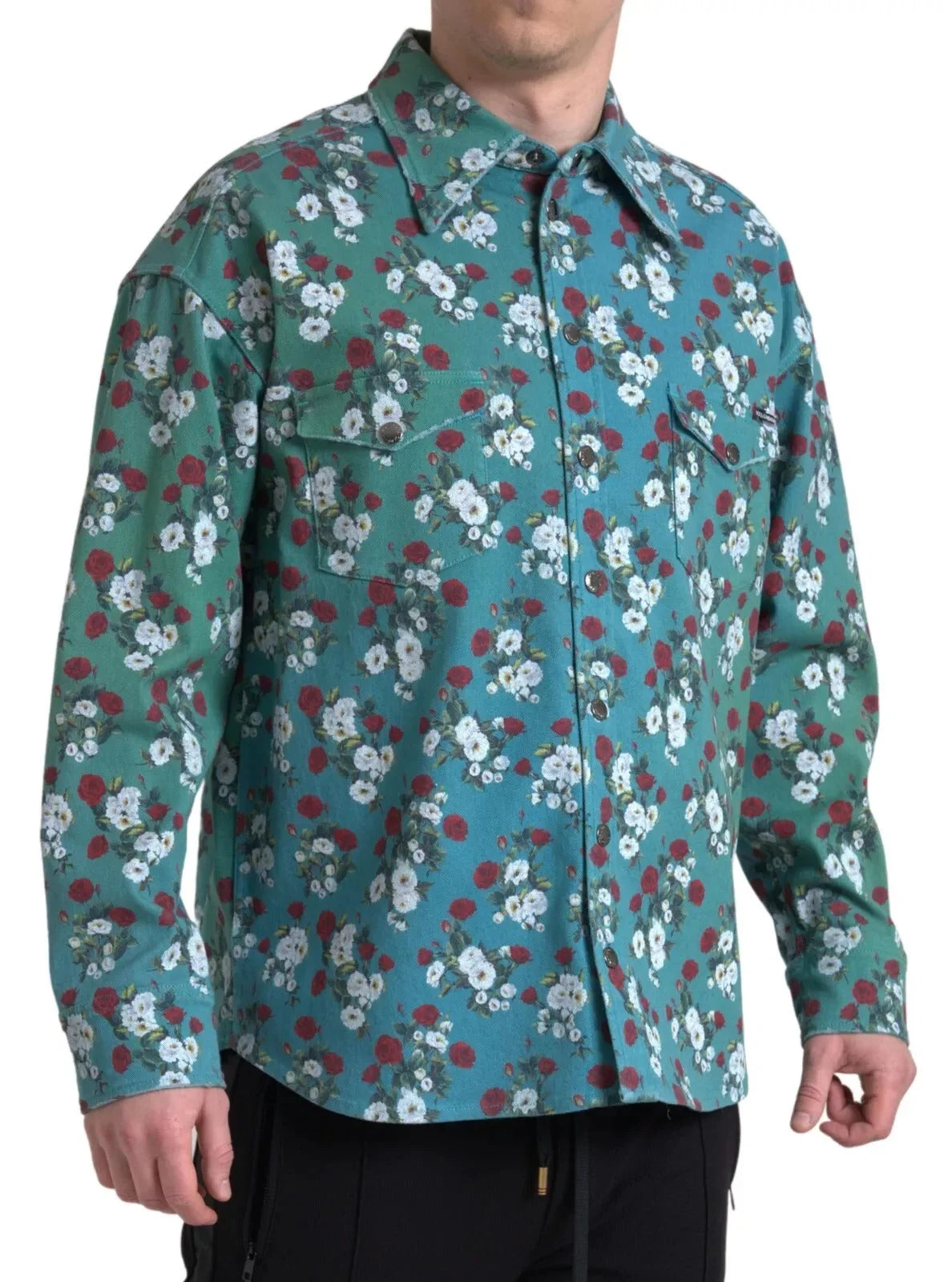 Dolce & Gabbana Blue Floral Cotton Button Down Denim Shirt - IT39 | S - Shirts