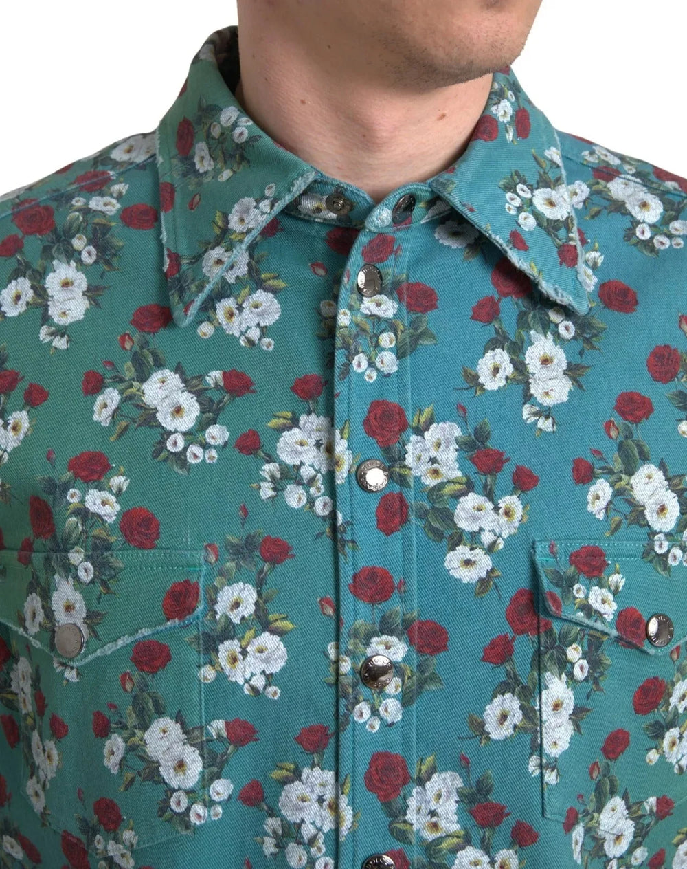 Dolce & Gabbana Blue Floral Cotton Button Down Denim Shirt - IT39 | S - Shirts