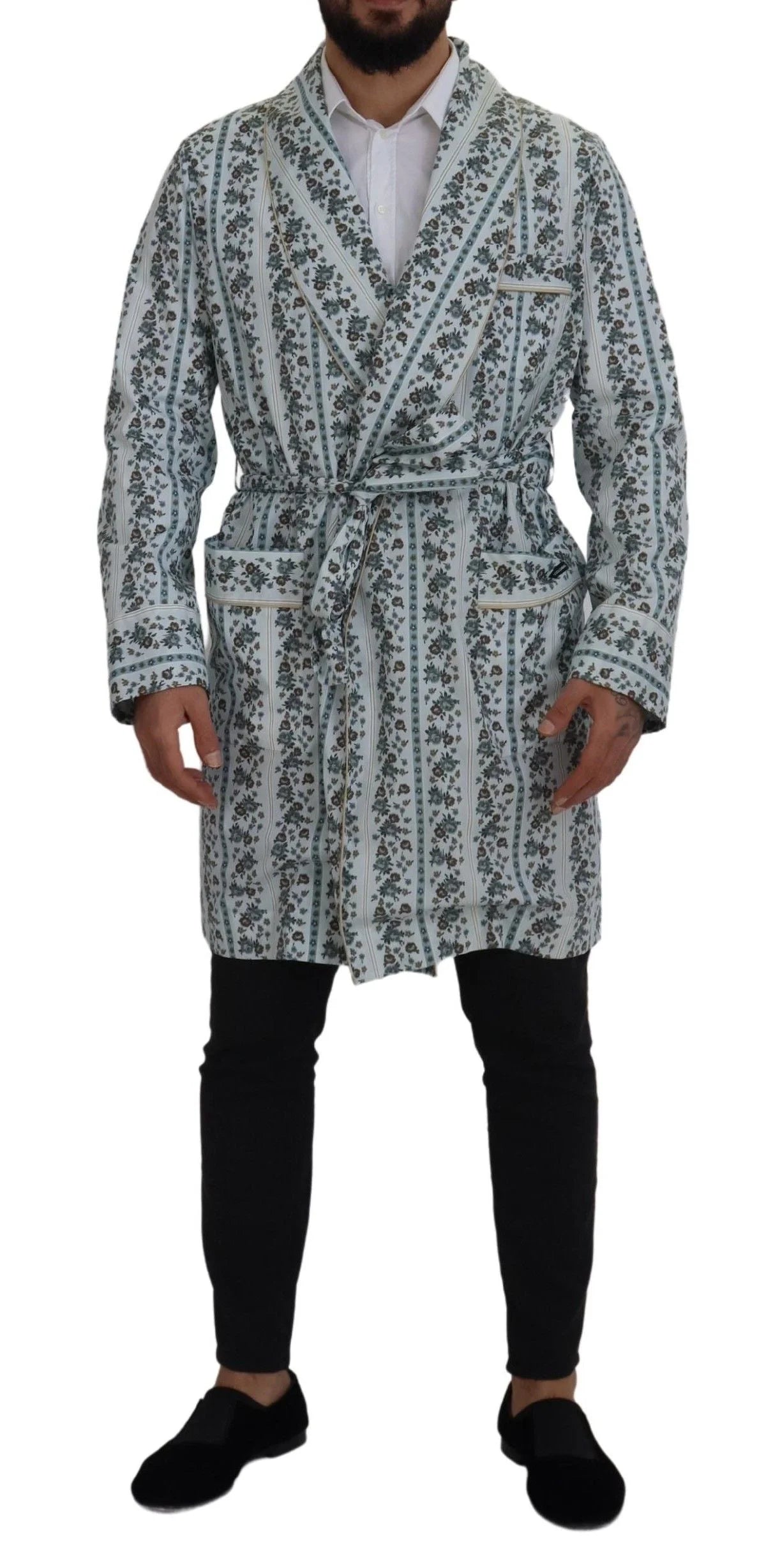 Dolce & Gabbana Blue Floral Cotton Robe Coat Jacket - IT48 | M - Wrap Coats