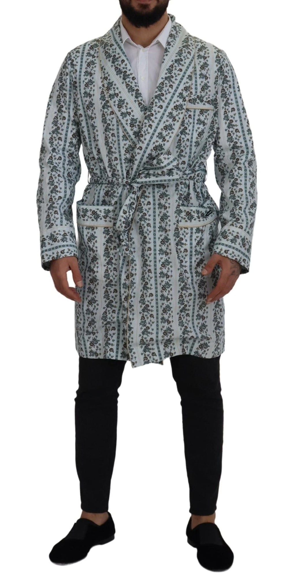 Dolce & Gabbana Blue Floral Cotton Robe Coat Jacket - IT48 | M - Wrap Coats
