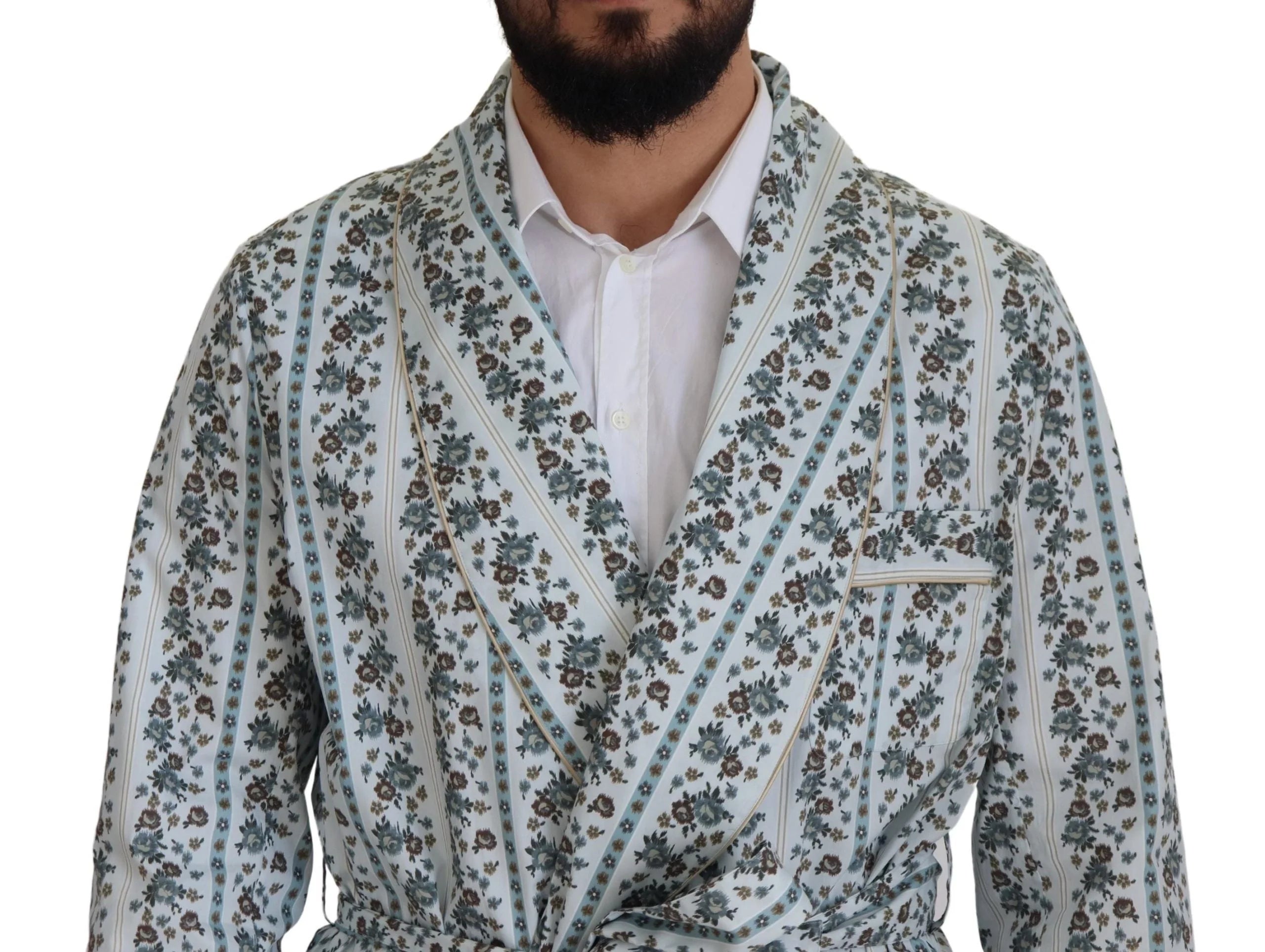 Dolce & Gabbana Blue Floral Cotton Robe Coat Jacket - IT48 | M - Wrap Coats