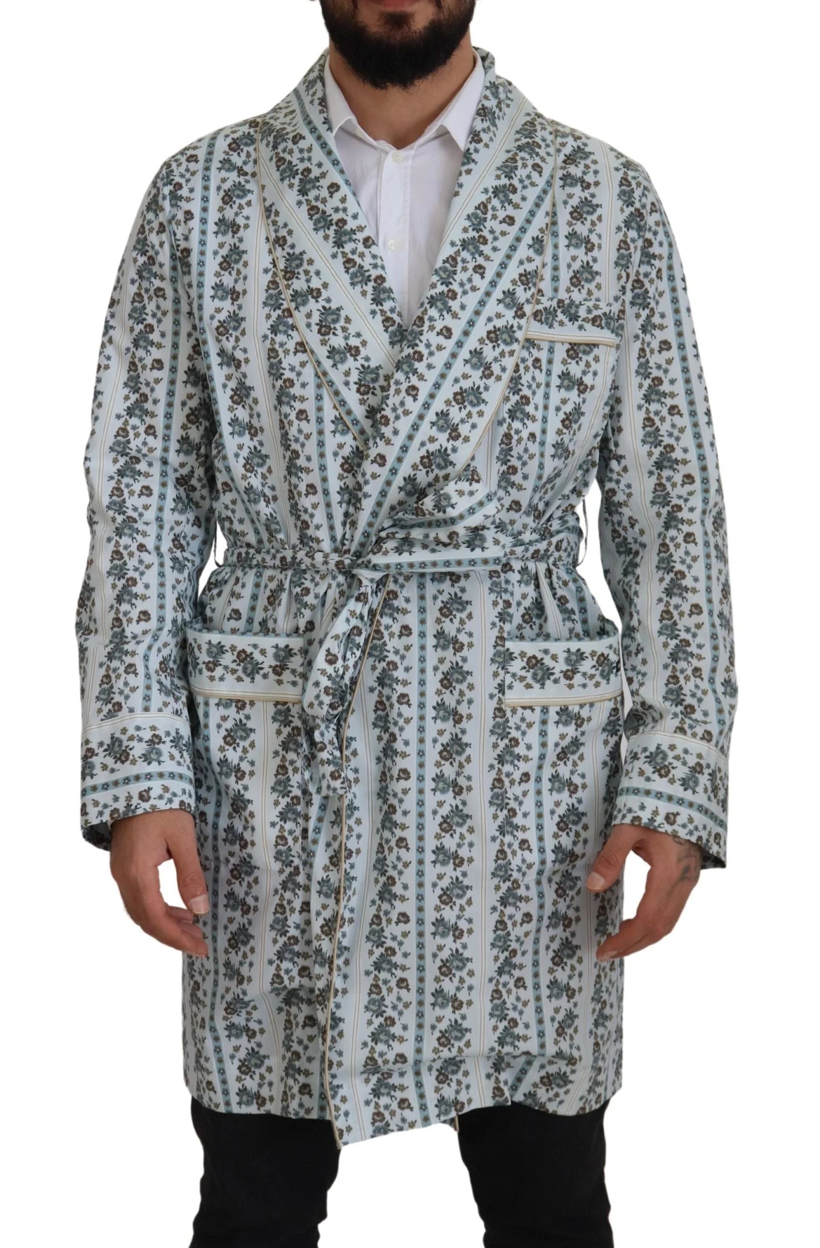 Dolce & Gabbana Blue Floral Cotton Robe Coat Jacket - IT48 | M - Wrap Coats