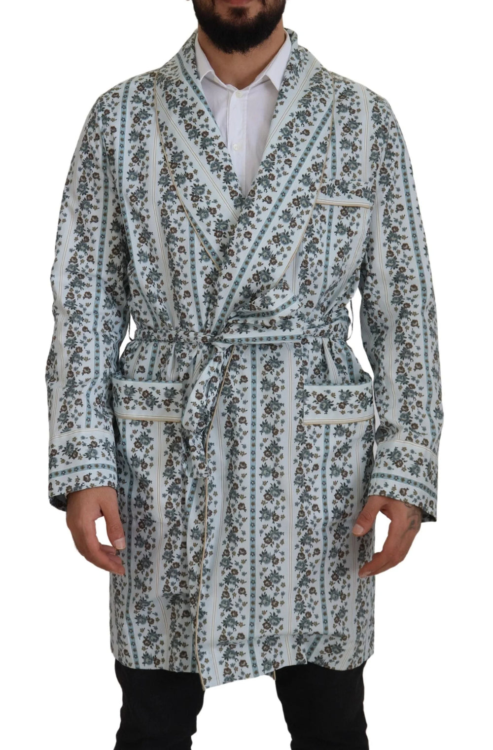 Dolce & Gabbana Blue Floral Cotton Robe Coat Jacket - IT48 | M - Wrap Coats