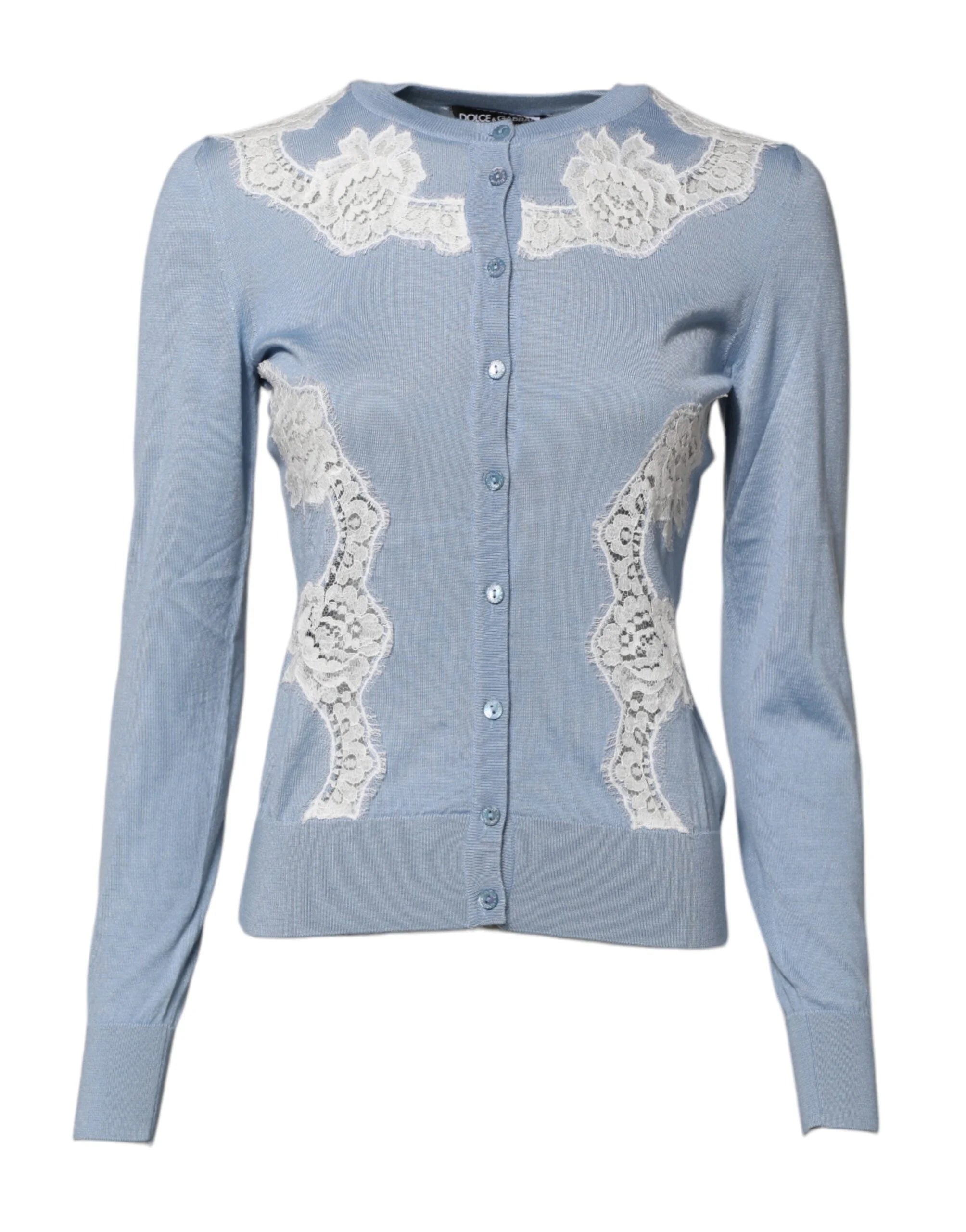 Dolce & Gabbana Blue Floral Lace Detailing Cardigan Sweater - IT36|XXS - Cardigans