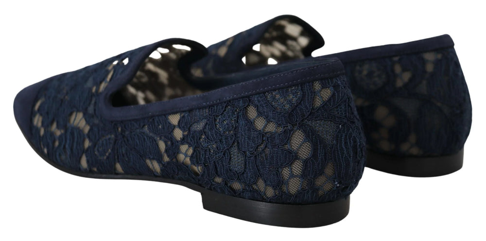 Dolce & Gabbana Blue Floral Lace Slip Ons Loafers Flats Shoes - Flats