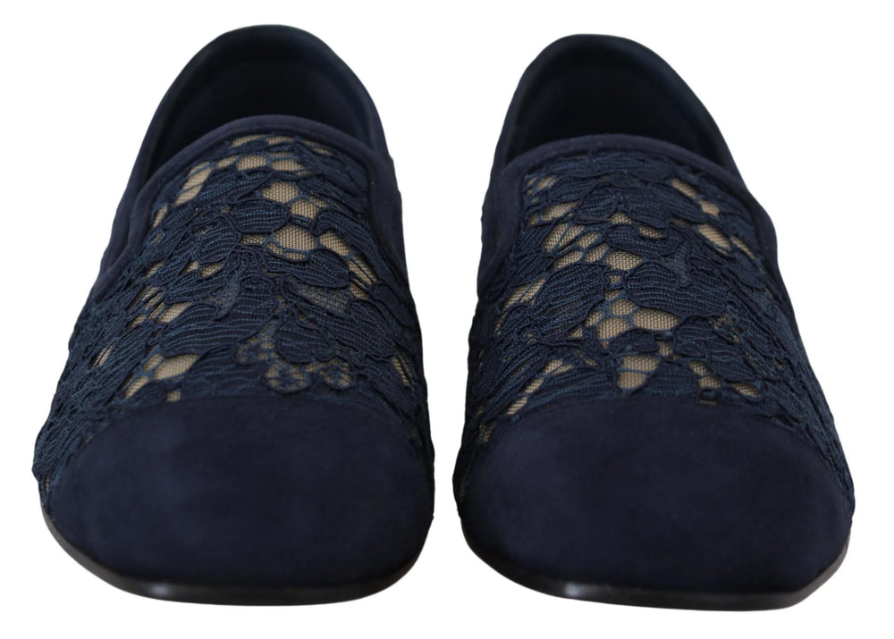 Dolce & Gabbana Blue Floral Lace Slip Ons Loafers Flats Shoes - Flats