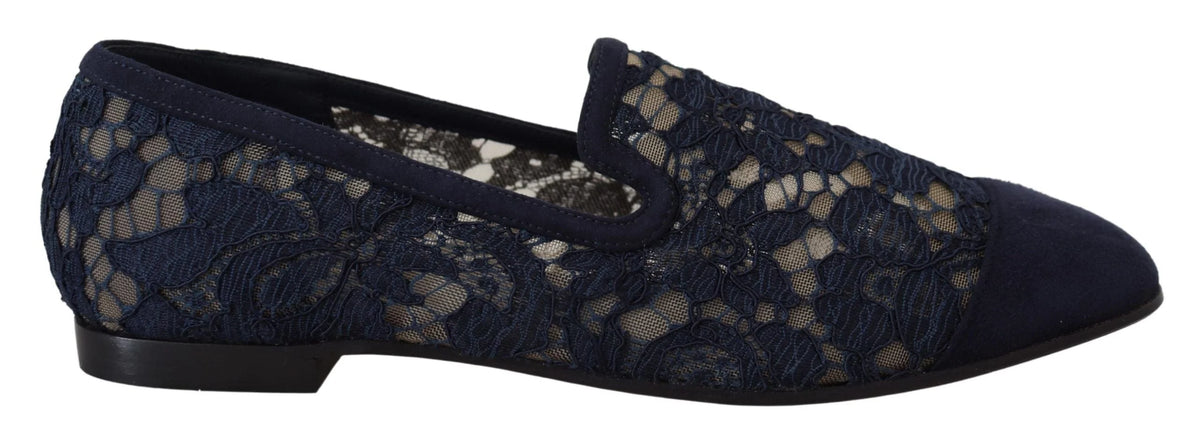 Dolce & Gabbana Blue Floral Lace Slip Ons Loafers Flats Shoes - Flats
