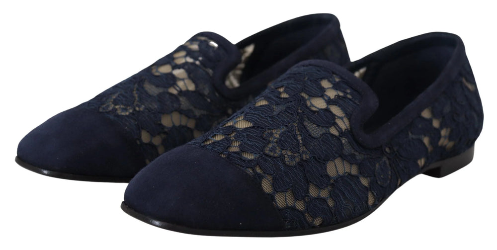 Dolce & Gabbana Blue Floral Lace Slip Ons Loafers Flats Shoes - Flats