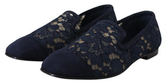 Dolce & Gabbana Blue Floral Lace Slip Ons Loafers Flats Shoes - Flats