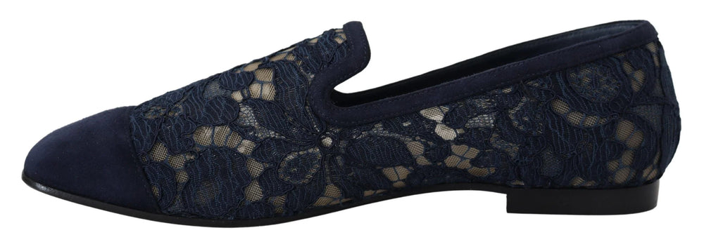 Dolce & Gabbana Blue Floral Lace Slip Ons Loafers Flats Shoes - Flats
