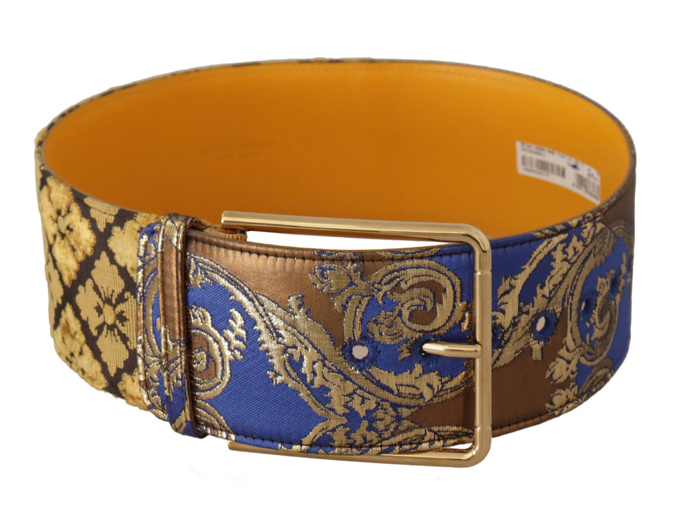 Dolce & Gabbana Blue Floral Patchwork Leather Wide Waist Buckle Belt - 70 cm / 28 Inches - Belts